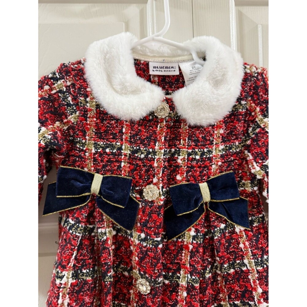 Blueberi Boulevard Red Plaid Tweed Dress Faux Fur Collar Bows 2T Holiday - Picture 2 of 11